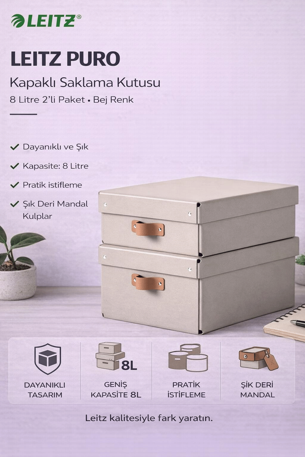 Leitz Puro Kapaklı Saklama Kutusu 8 Litre 2'li Paket Bej Renk - KOD:61480012