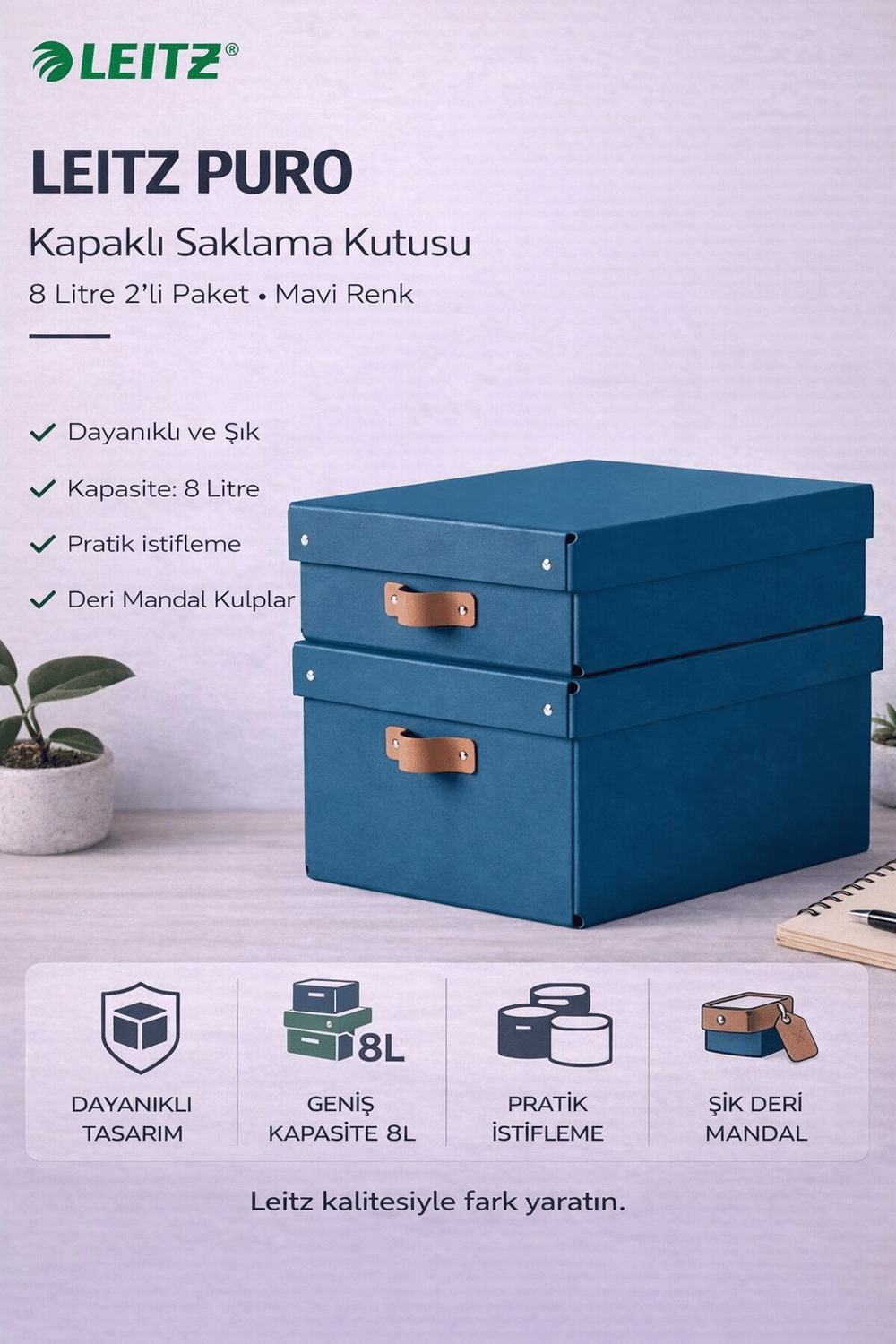 Leitz Puro Kapaklı Saklama Kutusu 8 Litre 2'li Paket Mavi Renk - KOD:61480068