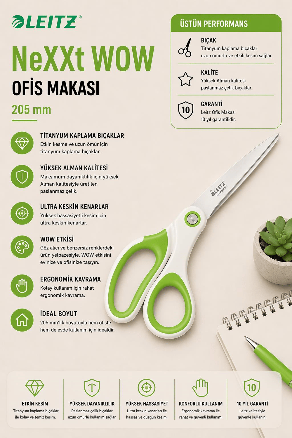 Leitz WOW Titanyum Ofis Makası 205mm  Metalik Yeşil - KOD:53192054