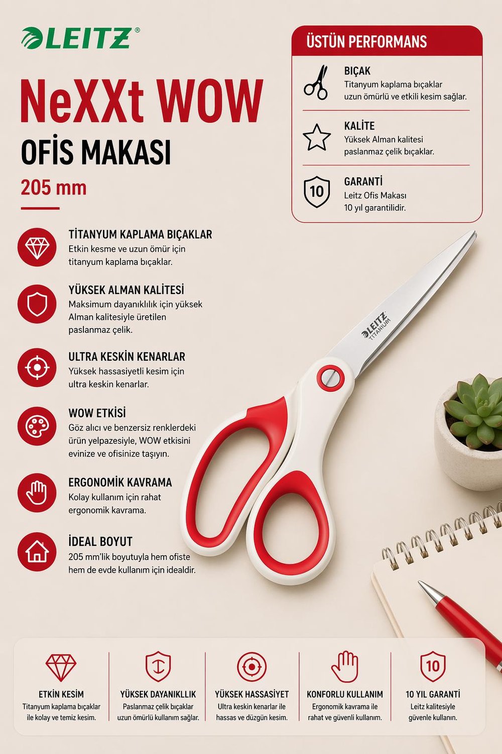 Leitz WOW Titanyum Ofis Makası 205mm Metalik Kırmızı - KOD:53192026