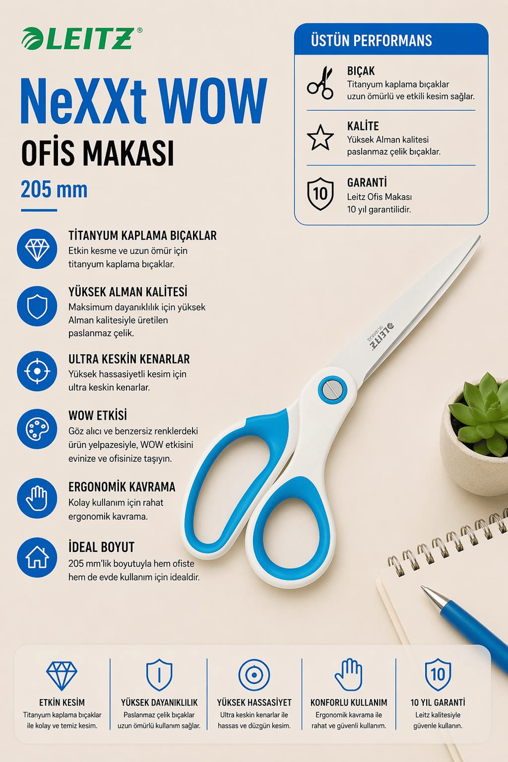 Leitz WOW Titanyum Ofis Makası 205mm Metalik Mavi - KOD:53192036