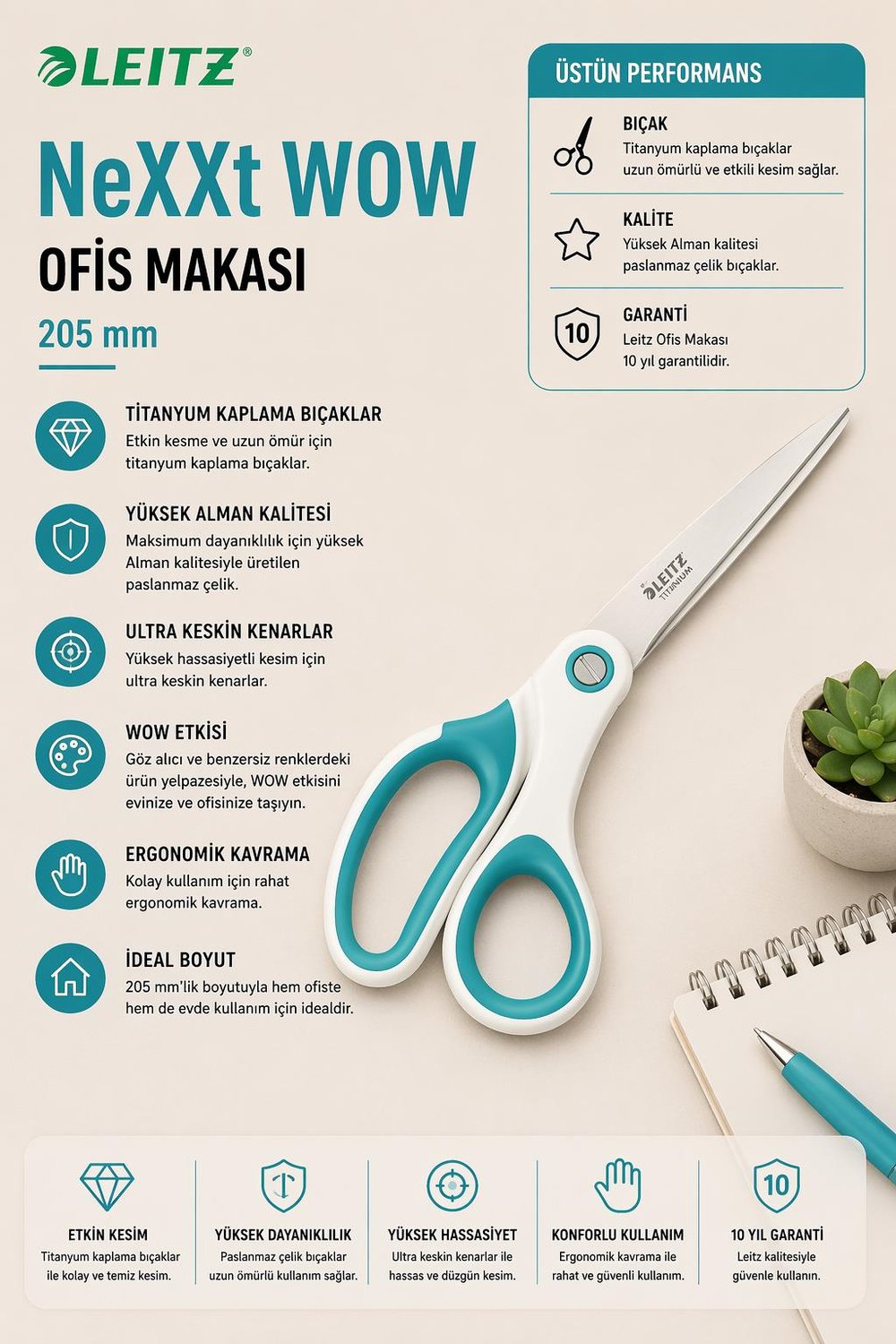 Leitz WOW Titanyum Ofis Makası 205mm Metalik Buz Mavisi - KOD:53192051