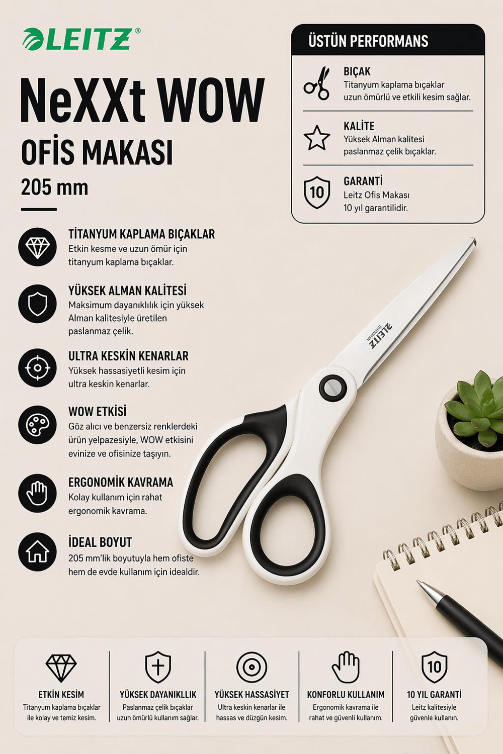 Leitz WOW Titanyum Ofis Makası 205mm Metalik Beyaz - KOD:53192001