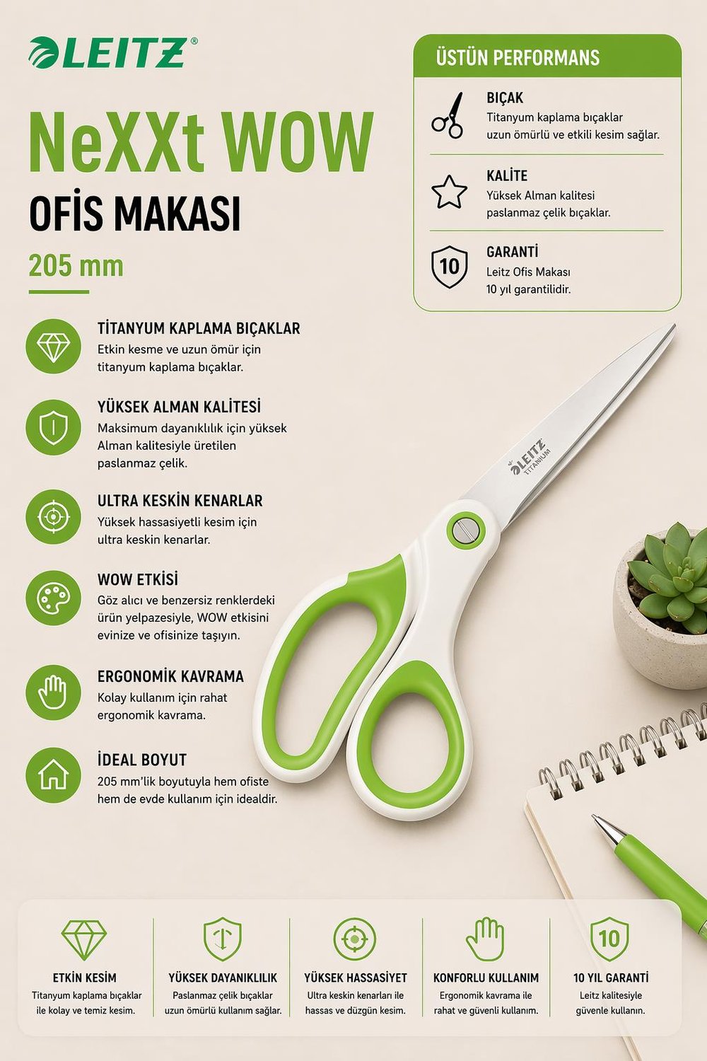 Leitz WOW Titanyum Ofis Makası 205mm  Metalik Yeşil - KOD:53192054