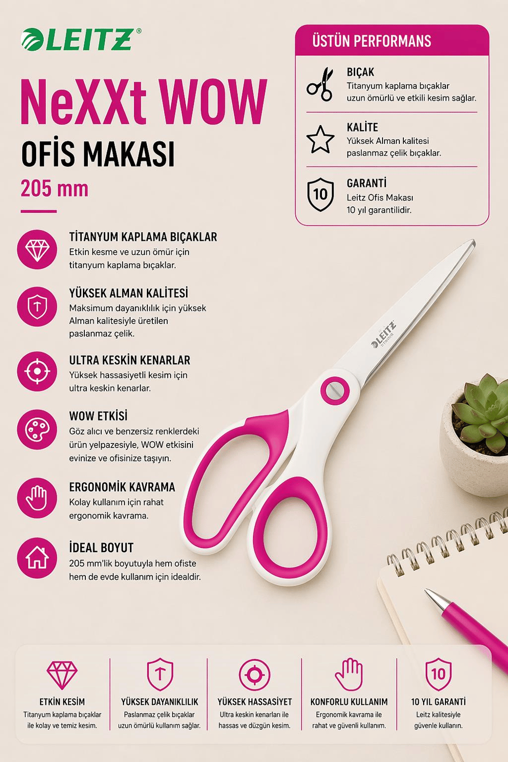 Leitz WOW Titanyum Ofis Makası 205mm Metalik Pembe - KOD:53192023