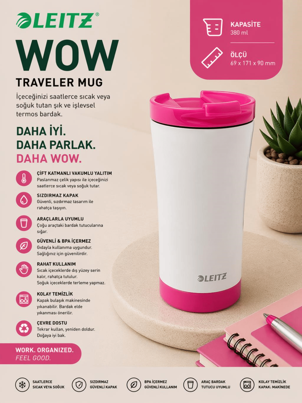 Leitz Wow Traveler Mug Çelik Termos - Pembe