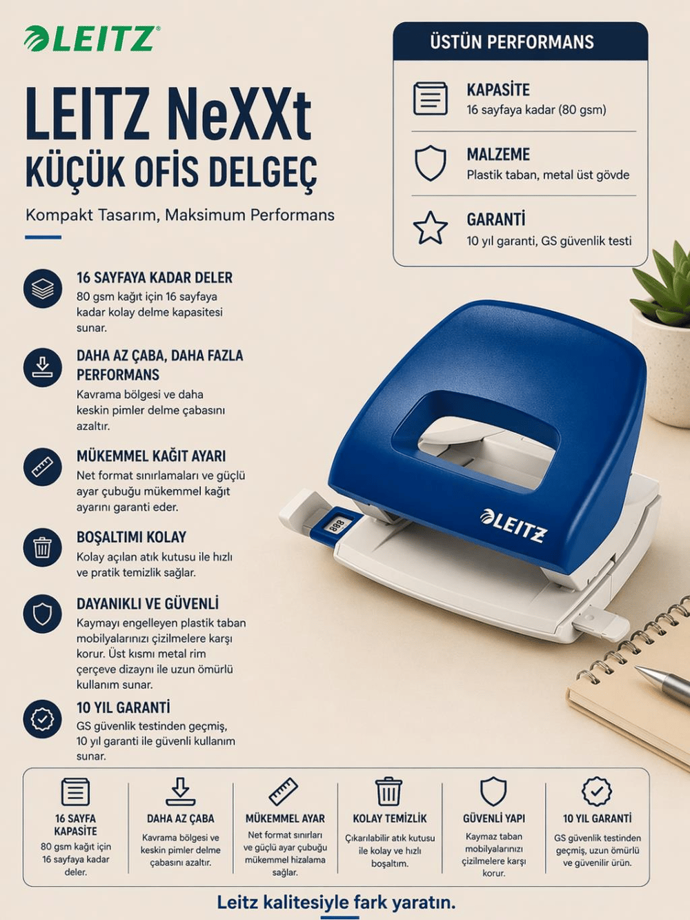 Leitz Yeni NeXXt KüçükOfis Delgeç Mavi L-5038-00-35