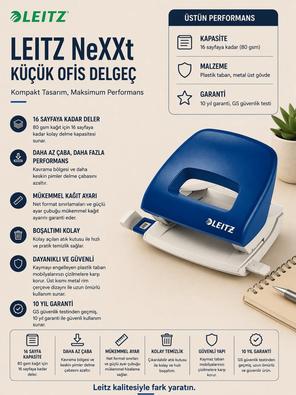Leitz Yeni NeXXt KüçükOfis Delgeç Mavi L-5038-00-35