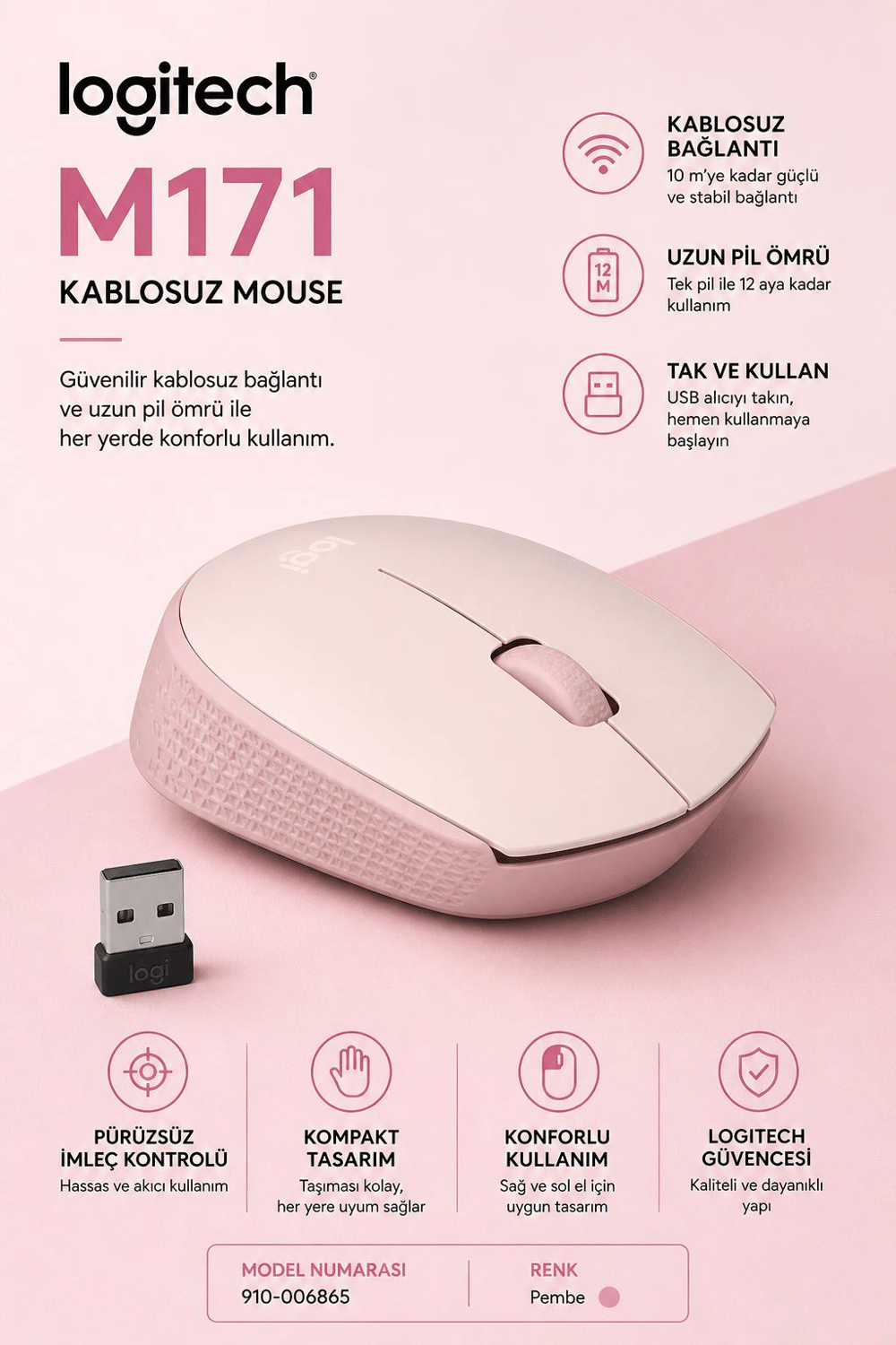 Logitech 910-006865 M171 Kablosuz Pembe Mouse