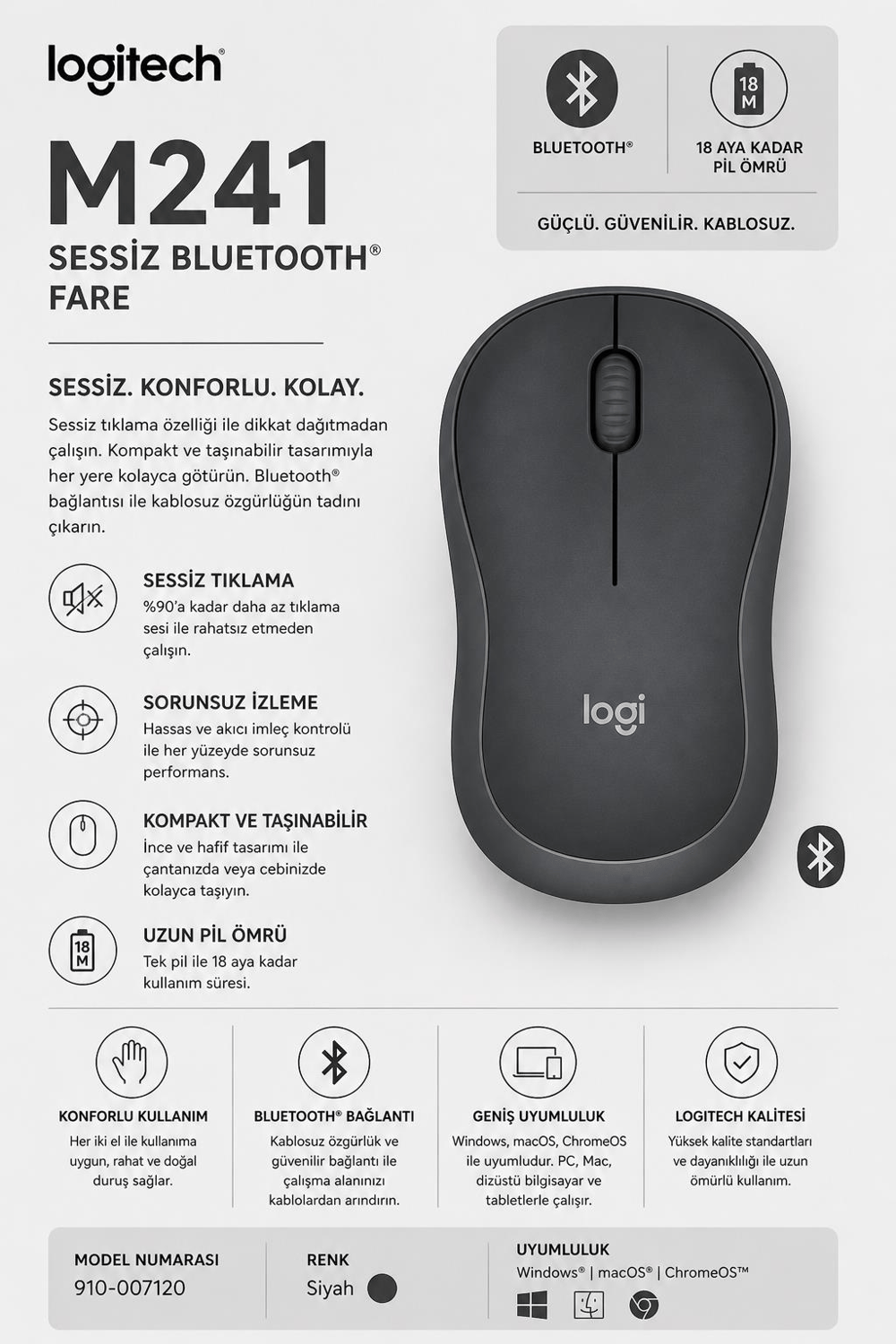 Logitech 910-007471 M241 Siyah Bluetooth Sessiz Kablosuz Mouse