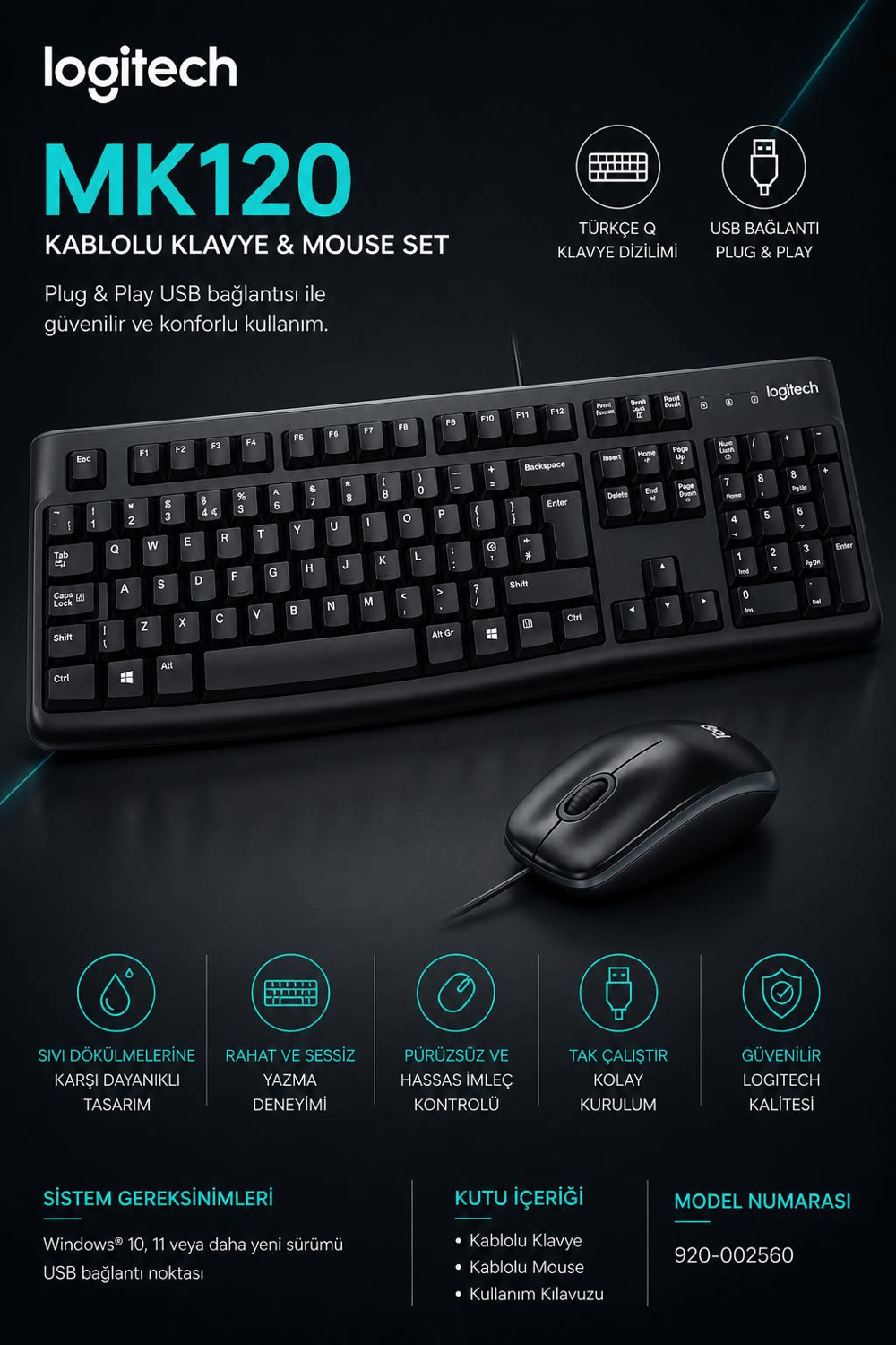 Logitech 920-002560 MK120 Q Usb Standart Kablolu Klavye Mouse Set