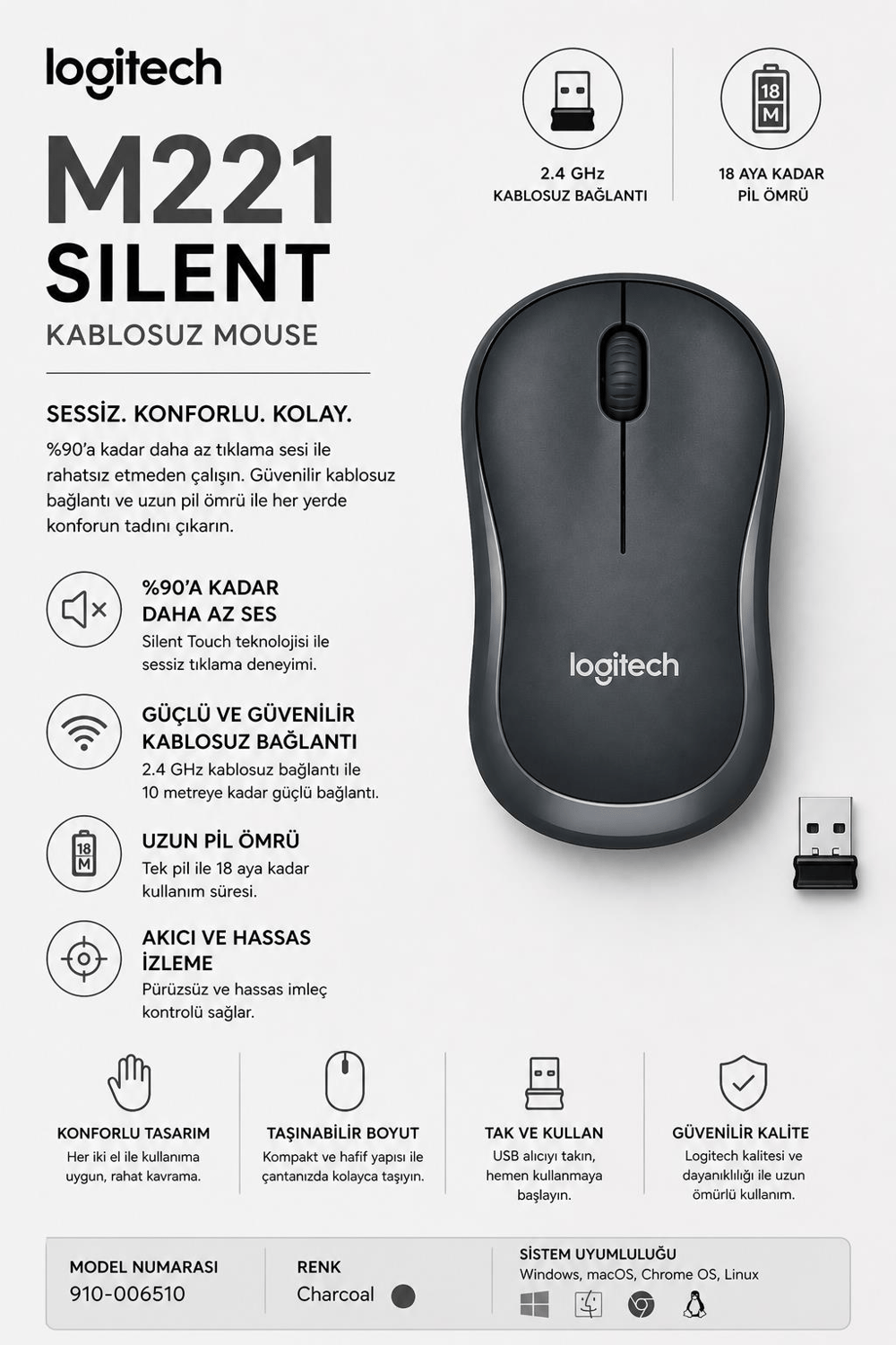 Logitech M221 Silent Sessiz Charcoal Kablosuz Mouse - 910-006510