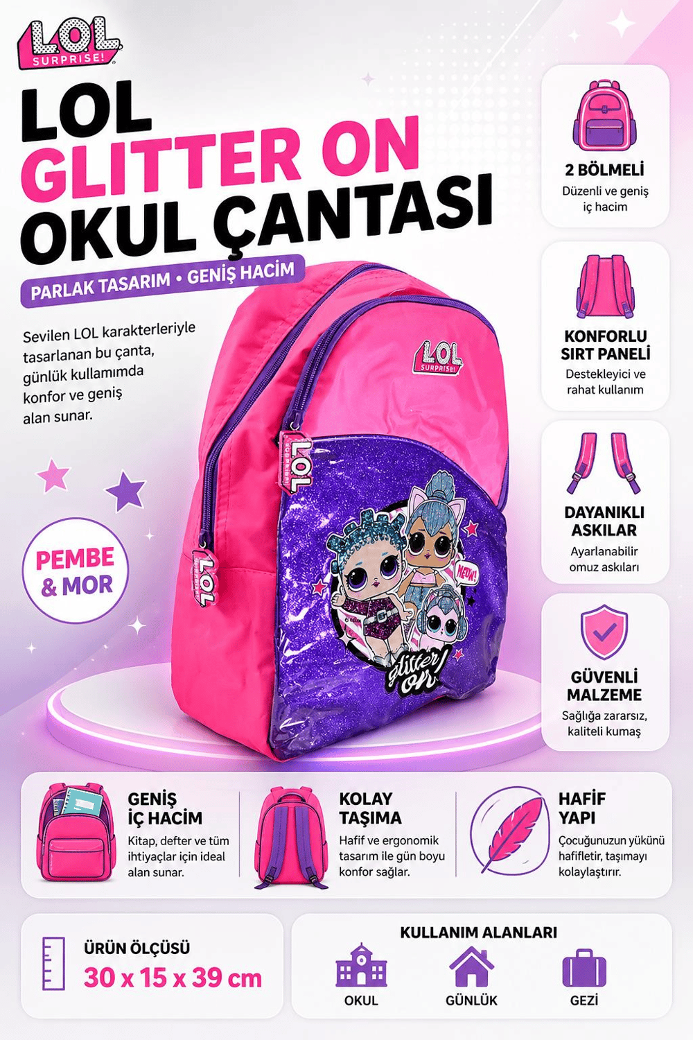 Lol Glitter On Sırt Çantası LLÇAN20456 – 2 Bölmeli L.O.L Okul Çantası