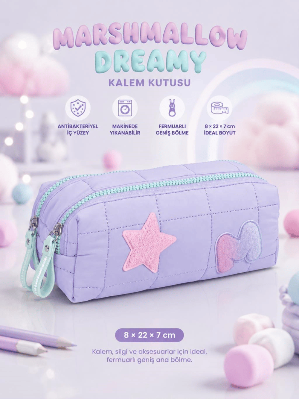 Marshmallow Dreamy Kalem Kutusu – Antibakteriyel İç Yüzey, Yıkanabilir 