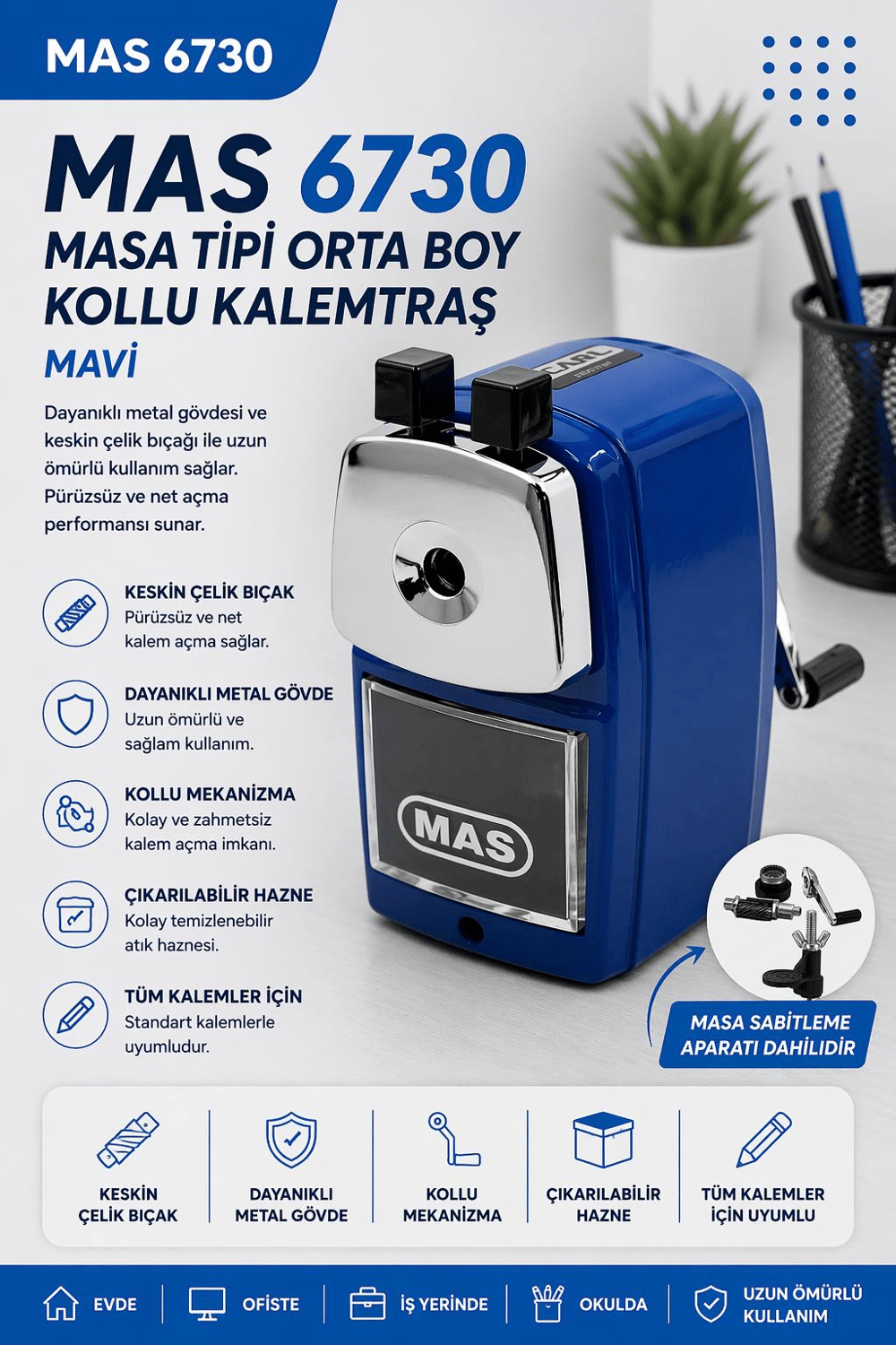 Mas 6730 Masa Tipi Orta Boy Kollu Kalemtraş - Mavi