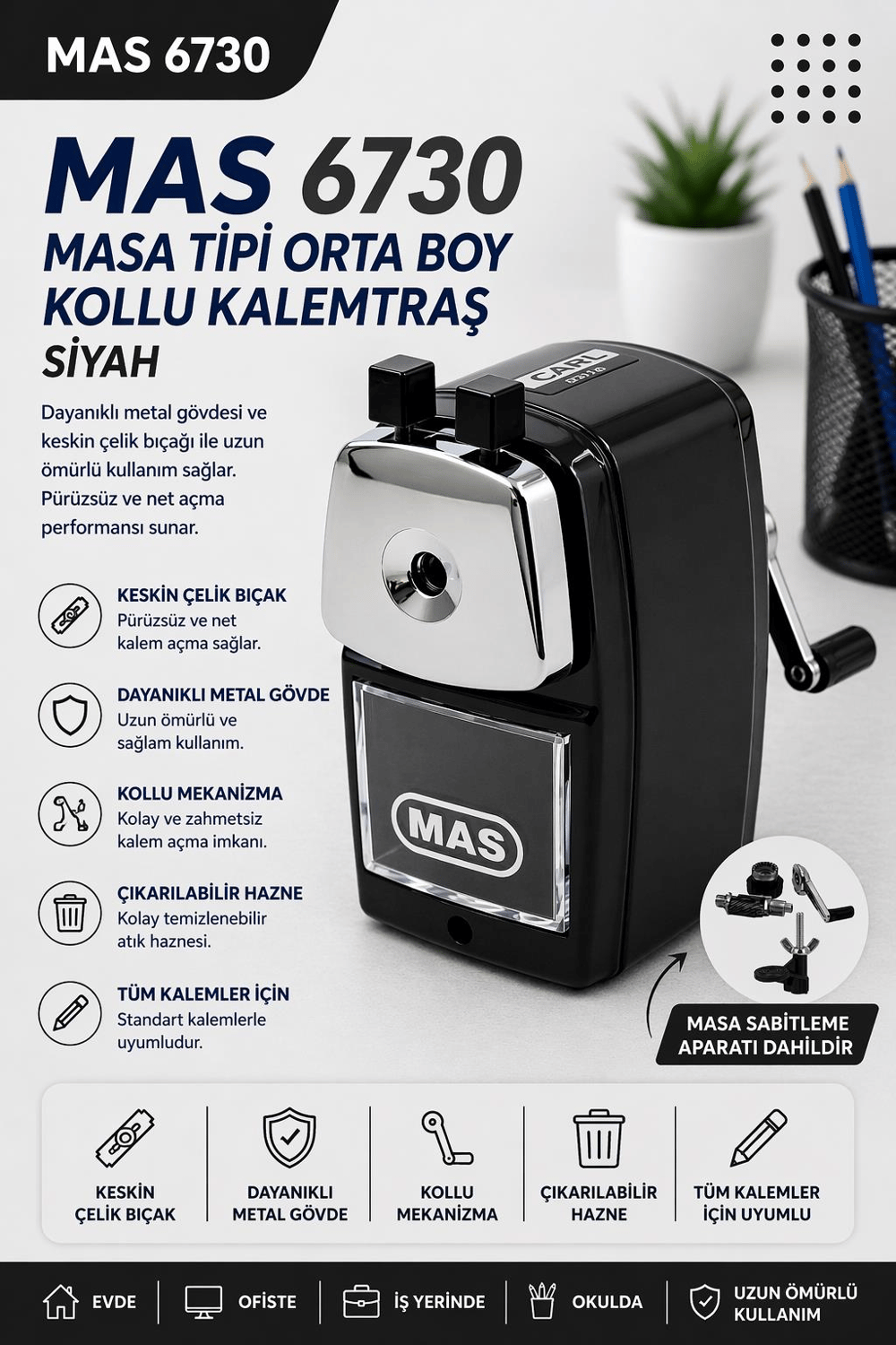 Mas 6730 Masa Tipi Orta Boy Kollu Kalemtraş - Siyah
