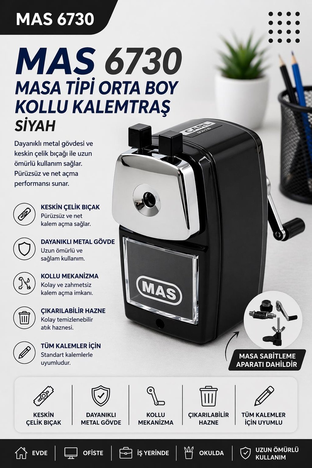 Mas 6730 Masa Tipi Orta Boy Kollu Kalemtraş - Siyah