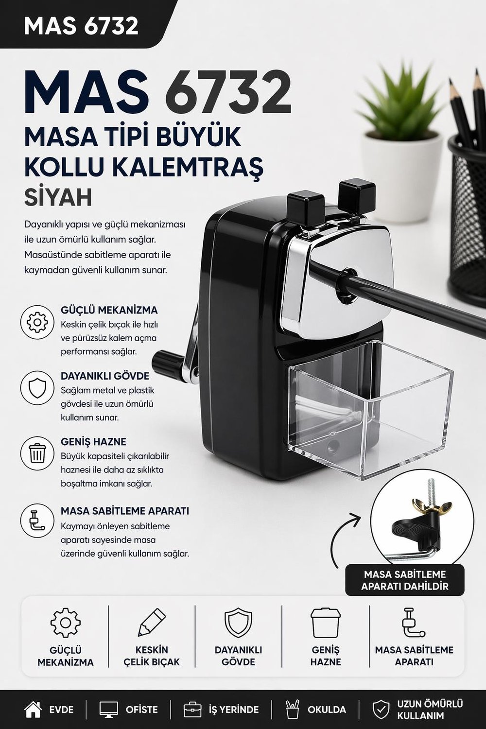 Mas 6732 Masa Tipi Büyük Kollu Kalemtraş - Siyah