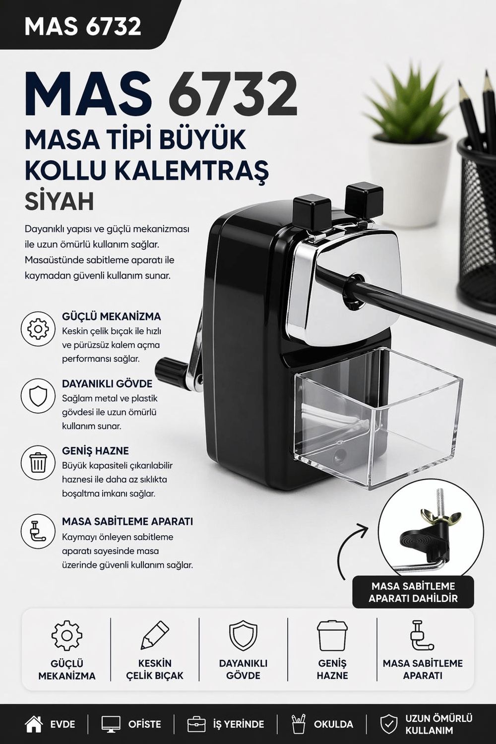 Mas 6732 Masa Tipi Büyük Kollu Kalemtraş - Siyah