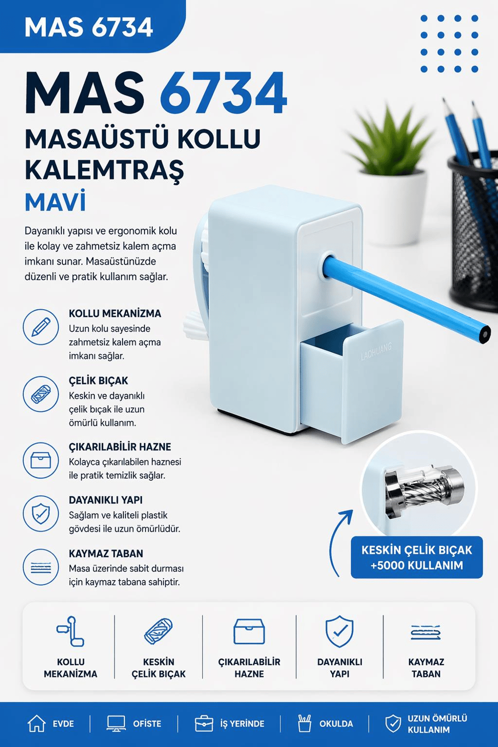 Mas 6734 Masaüstü Kollu Kalemtraş - Mavi
