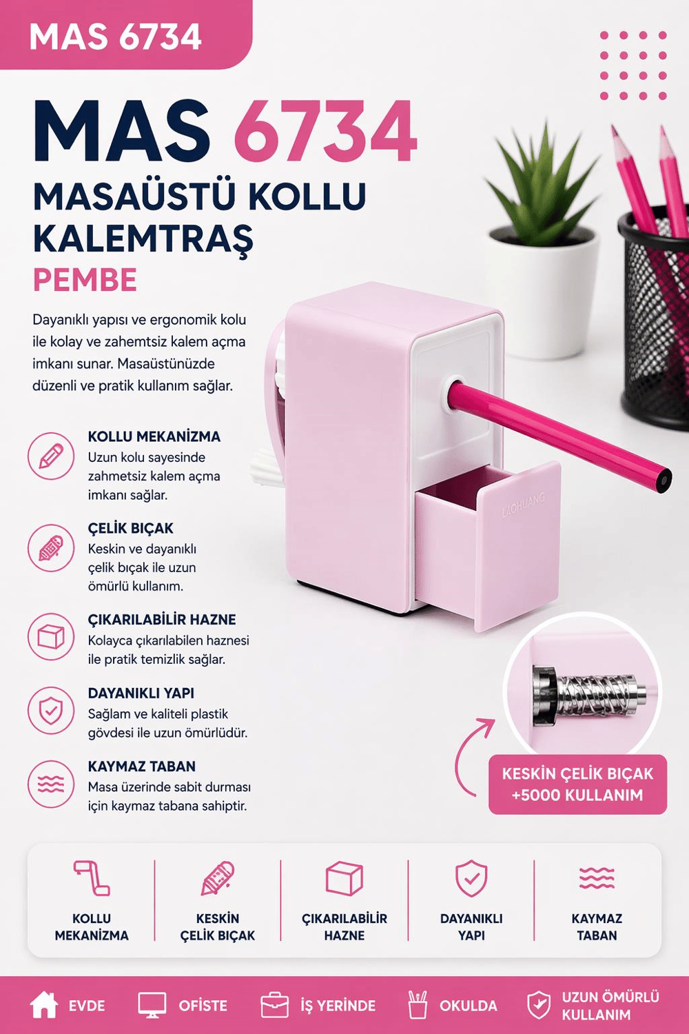 Mas 6734 Masaüstü Kollu Kalemtraş - Pembe