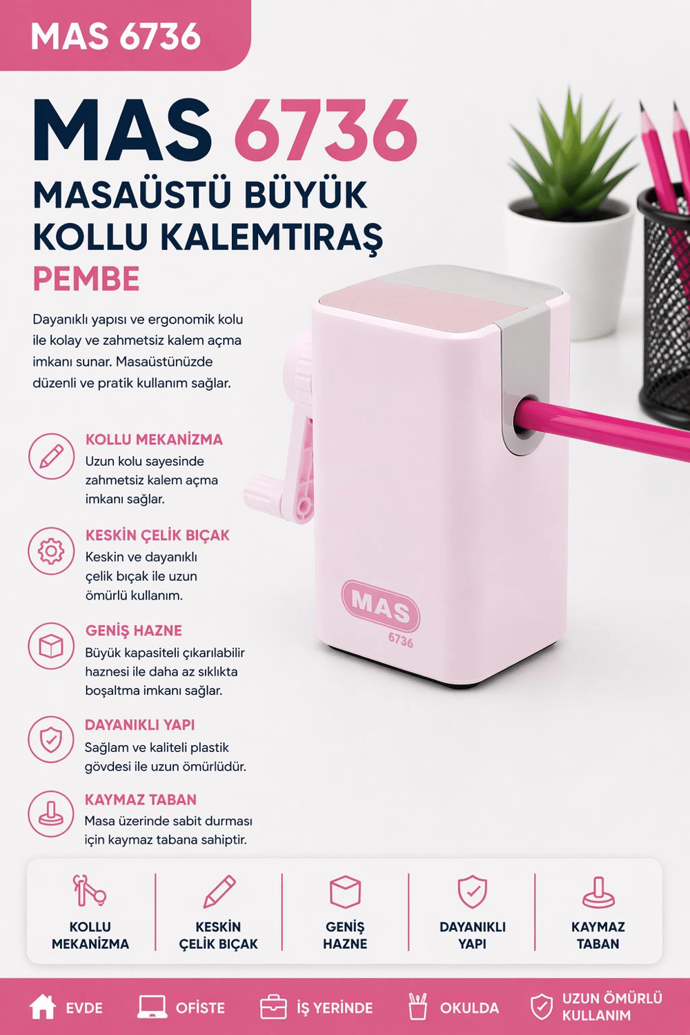Mas 6736 Masaüstü Büyük Kollu Kalemtraş - Pembe