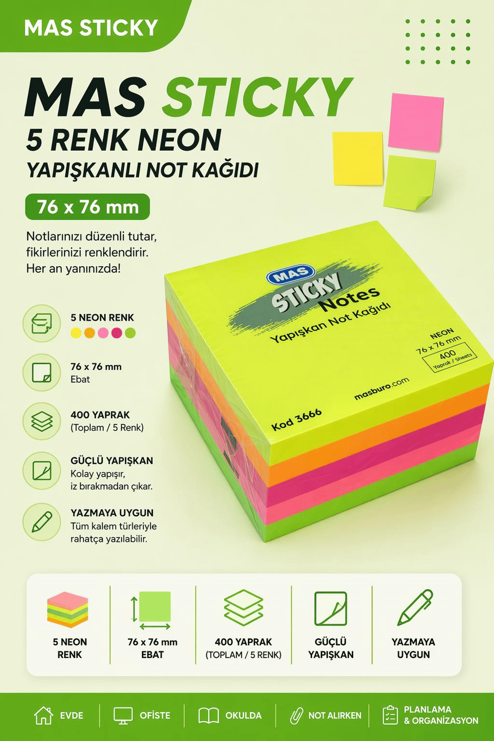 MAS Sticky 5 Renk Neon Yapışkanlı Not Kağıdı 76 x 76 mm
