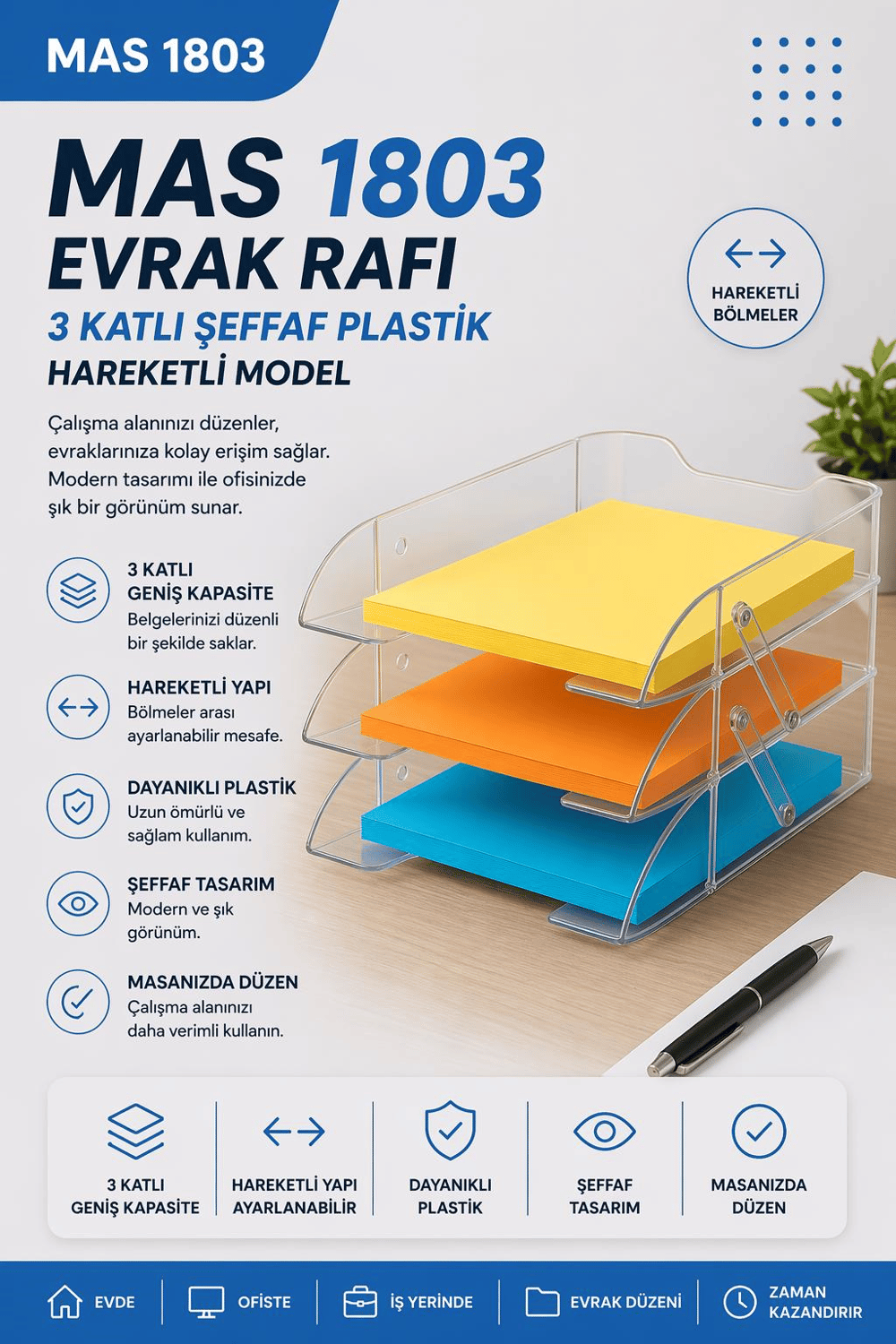 Mas1803 Evrak Rafı – 3 Katlı Şeffaf Plastik Hareketli Model