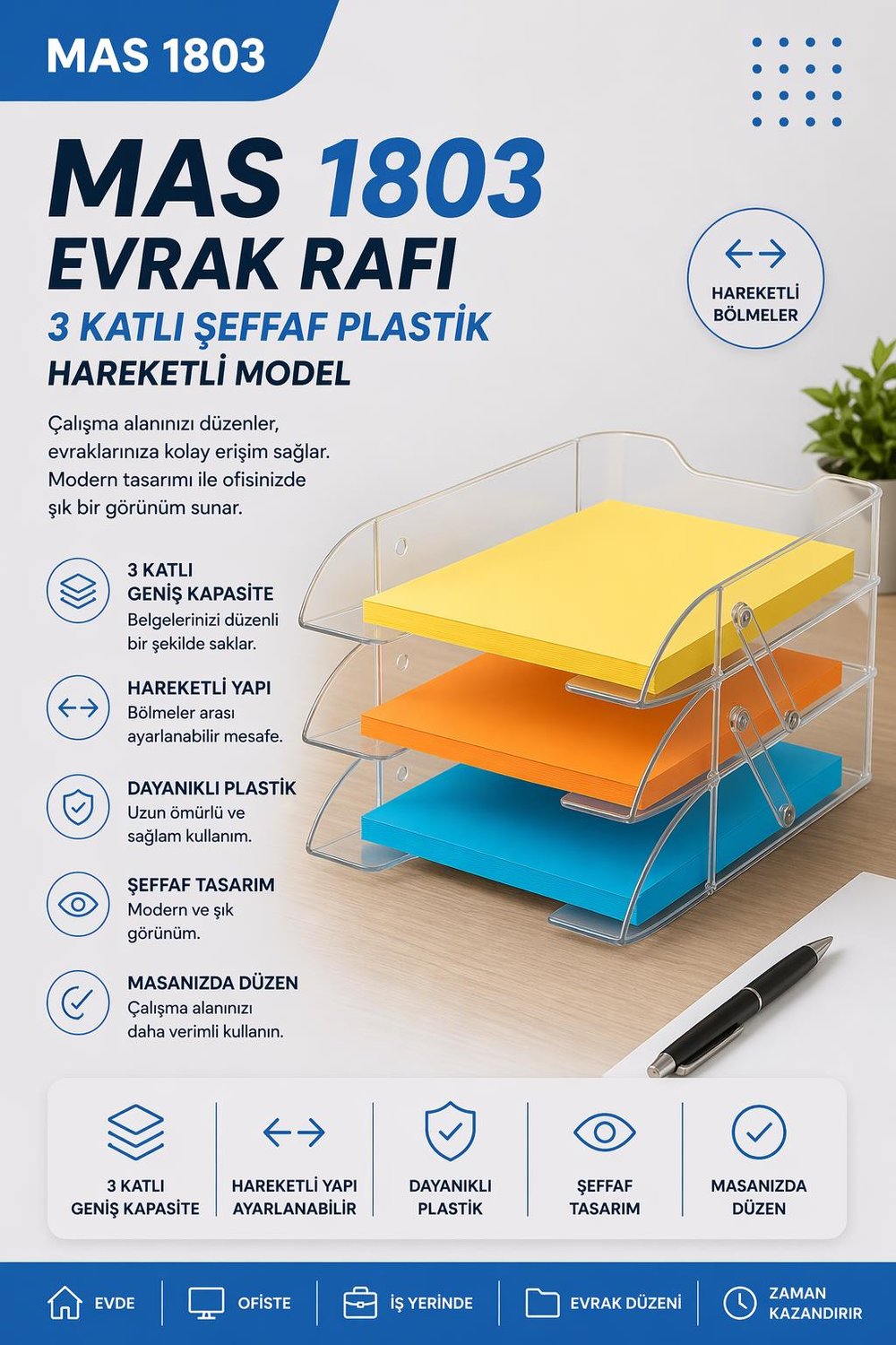 Mas1803 Evrak Rafı – 3 Katlı Şeffaf Plastik Hareketli Model