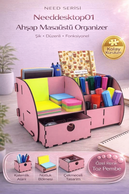 Masaüstü Düzenleyici Ahşap Organizer Seti Pembe