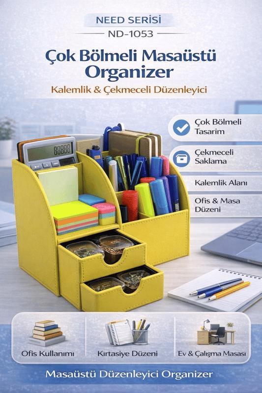 Masaüstü Düzenleyici Çekmeceli Organizer Kalemlik Pastel Sarı ND-1053