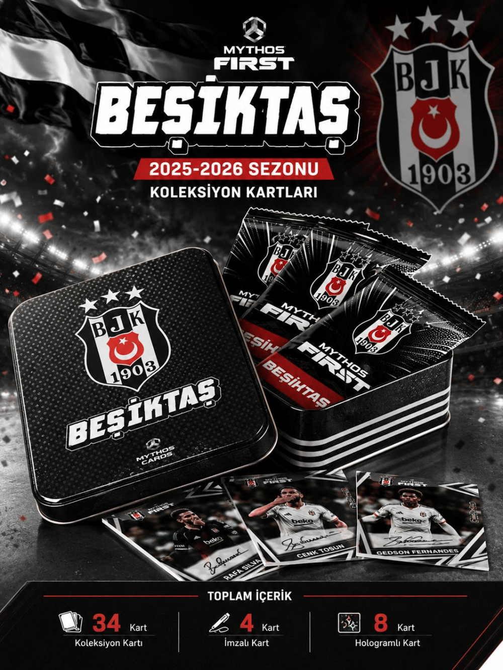 MYTHOS First Beşiktaş 2025-2026 Sezonu Koleksiyon Kartları Metal Kutu | 34 Kart | Resmi Lisanslı