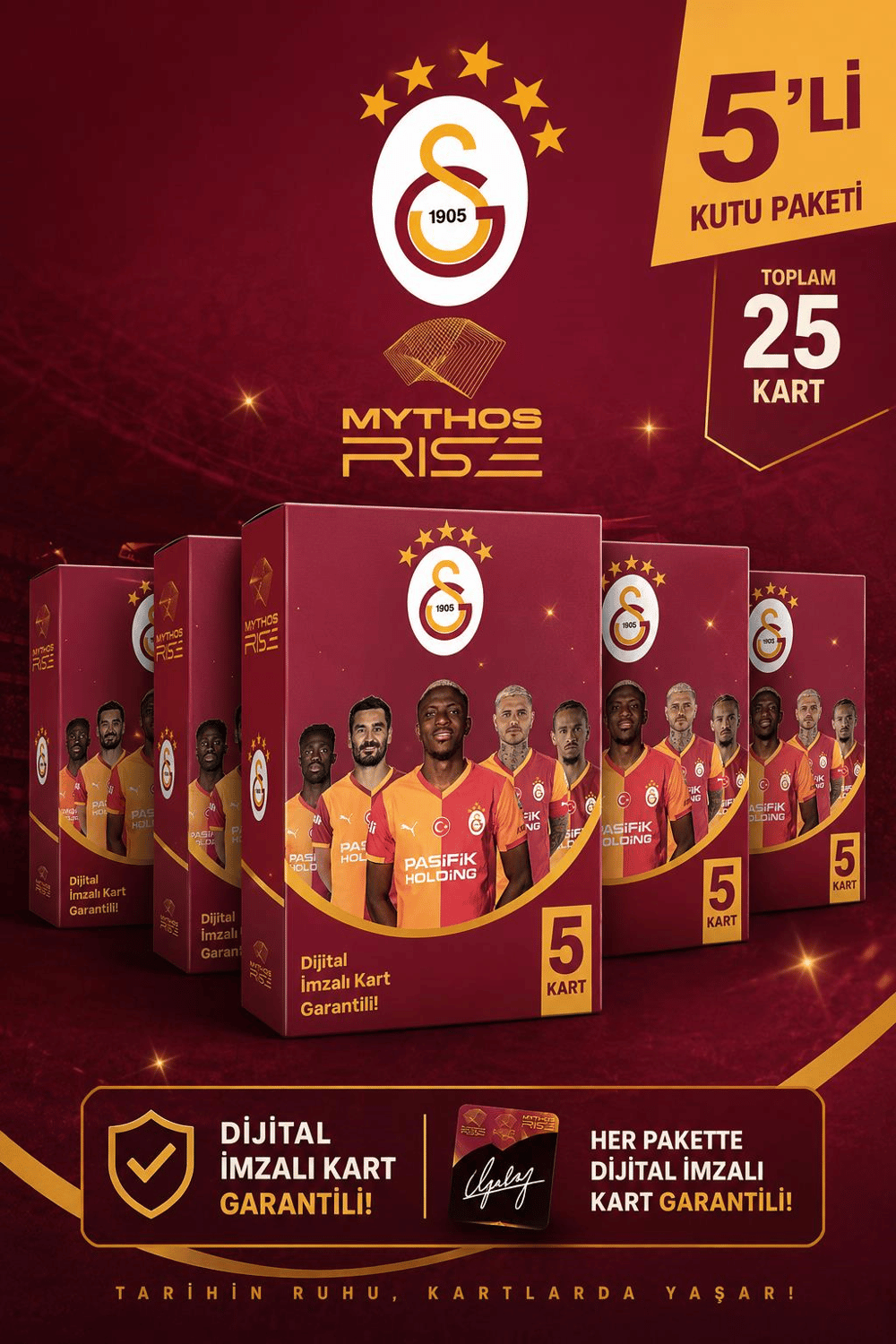 Mythos Rise Galatasaray Futbolcu Kartları 5'li Kutu Paketi | 25 Kart | Dijital İmzalı Kart Garantili
