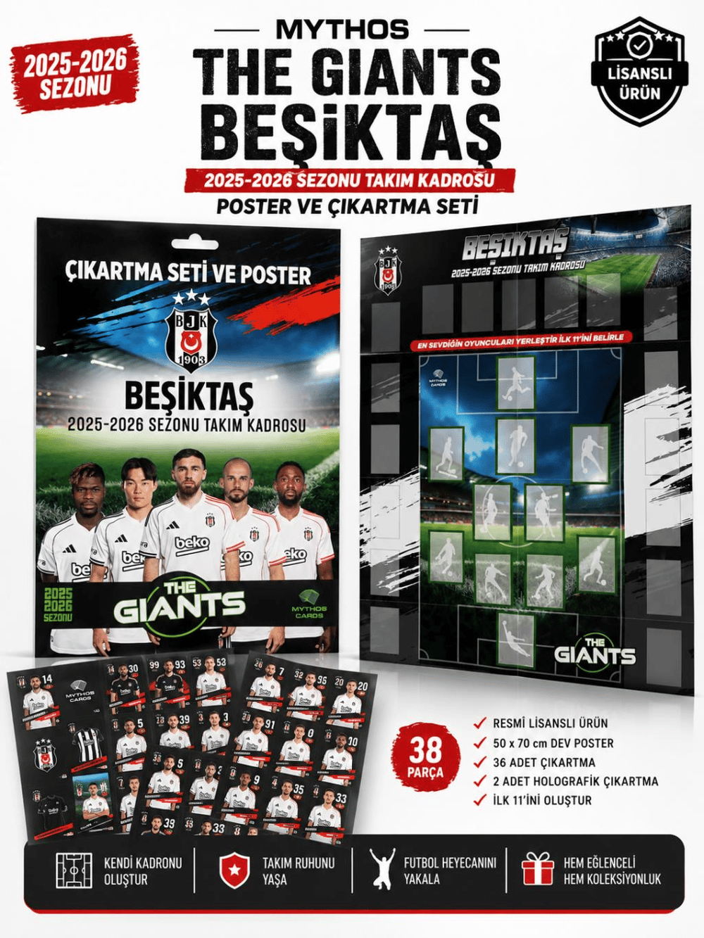MYTHOS The Giants Beşiktaş 2025-2026 Sezonu Takım Kadrosu Poster ve Çıkartma Seti | 50 x 70 cm | 38 Parça