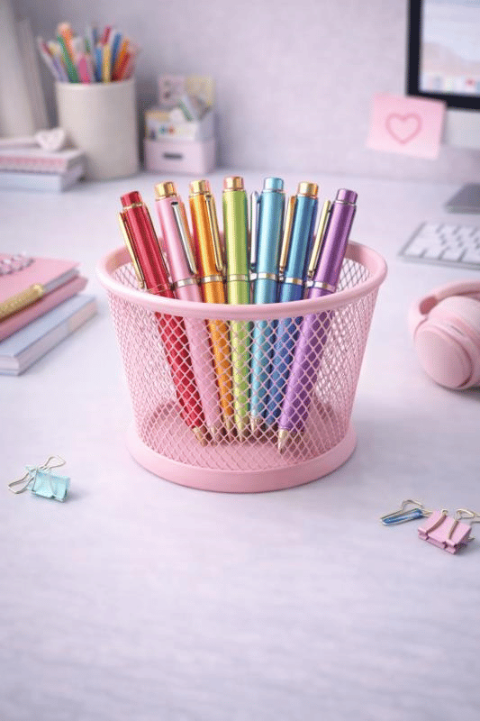 ND-1021 Premium Metal Tel Kalemlik | Pembe Ofis & Home Ofis Düzenleyici