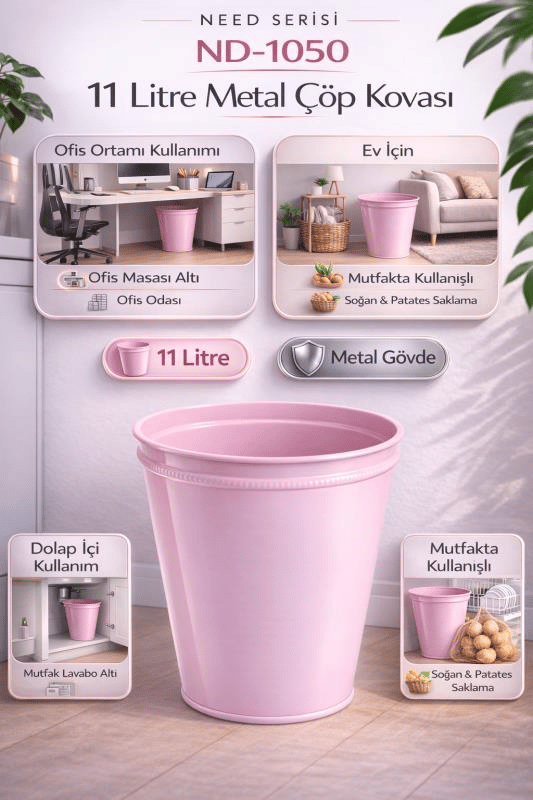 ND-1050 Metal Toz Pembe Çöp Kovası 11 Litre – Lavabo Altı, Mutfak ve Ofis İçin Şık Konik Tasarım