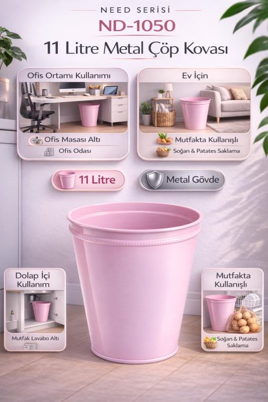 ND-1050 Metal Toz Pembe Çöp Kovası 11 Litre – Lavabo Altı, Mutfak ve Ofis İçin Şık Konik Tasarım
