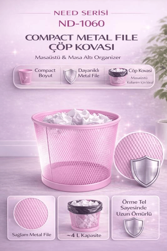 ND-1060 Masaüstü & Masa Altı Metal File Çöp Kovası – Small Organizer  (Toz Pembe)