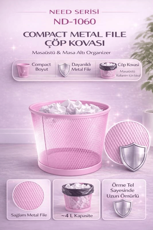 ND-1060 Masaüstü & Masa Altı Metal File Çöp Kovası – Small Organizer  (Toz Pembe)