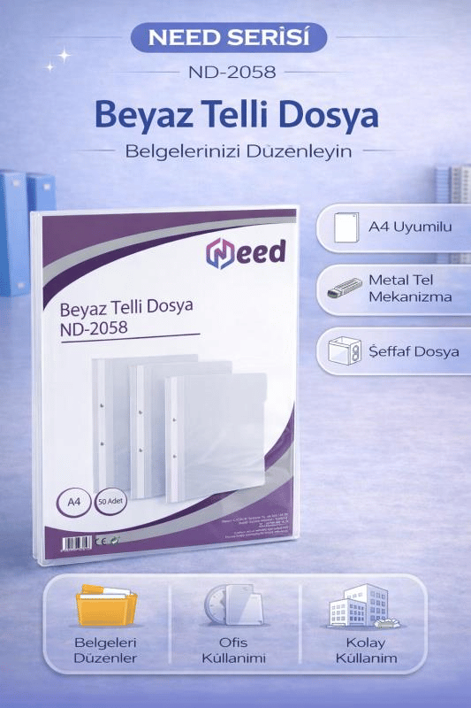 NEED Beyaz Telli Dosya A4 – ND-2058, Metal Tel Mekanizmalı Dosya