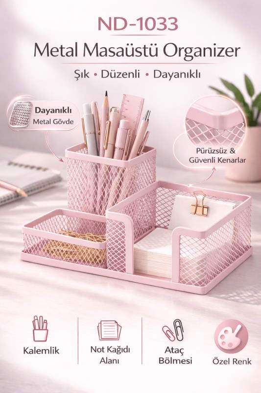 Need ND-1033 Metal Mesh Masaüstü Organizer – 3 Bölmeli, Çok Amaçlı Düzenleyici