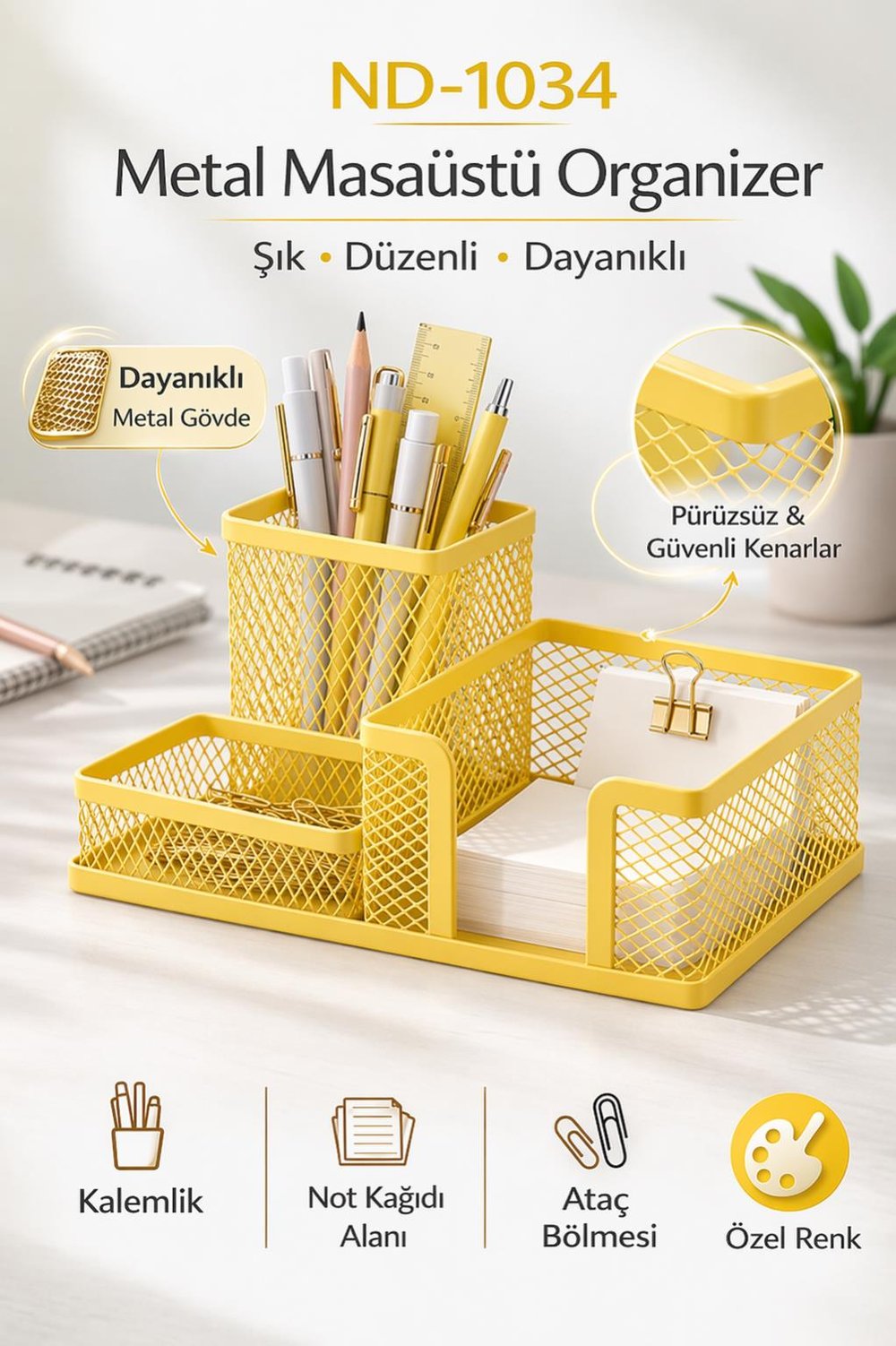 Need ND-1034 Metal Mesh Masaüstü Organizer – 3 Bölmeli, Çok Amaçlı Düzenleyici (Sarı)