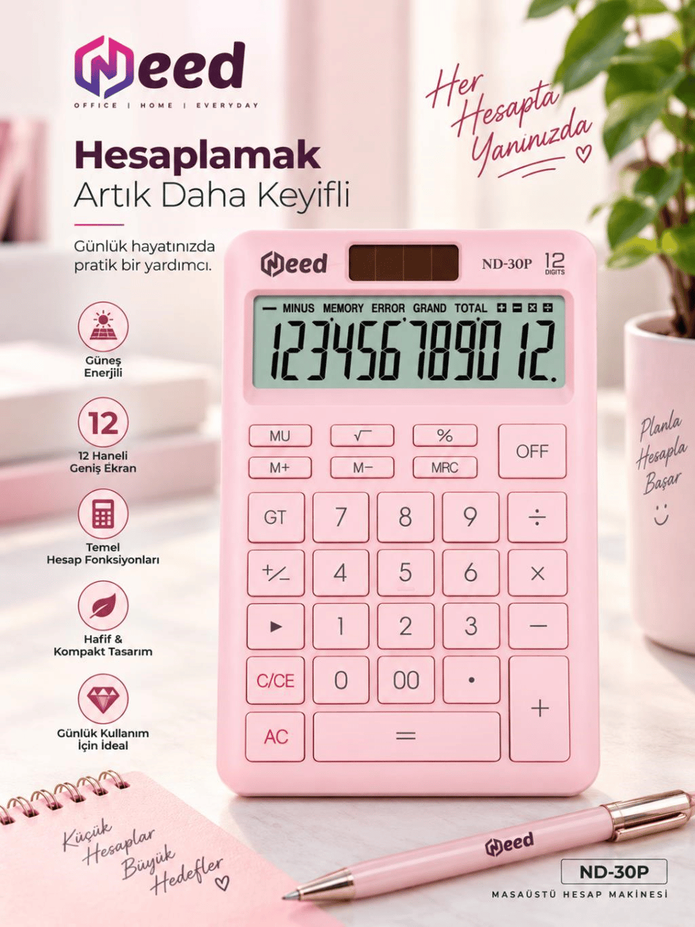 Need Nd-30P Pastel Pembe Hesap Makinesi