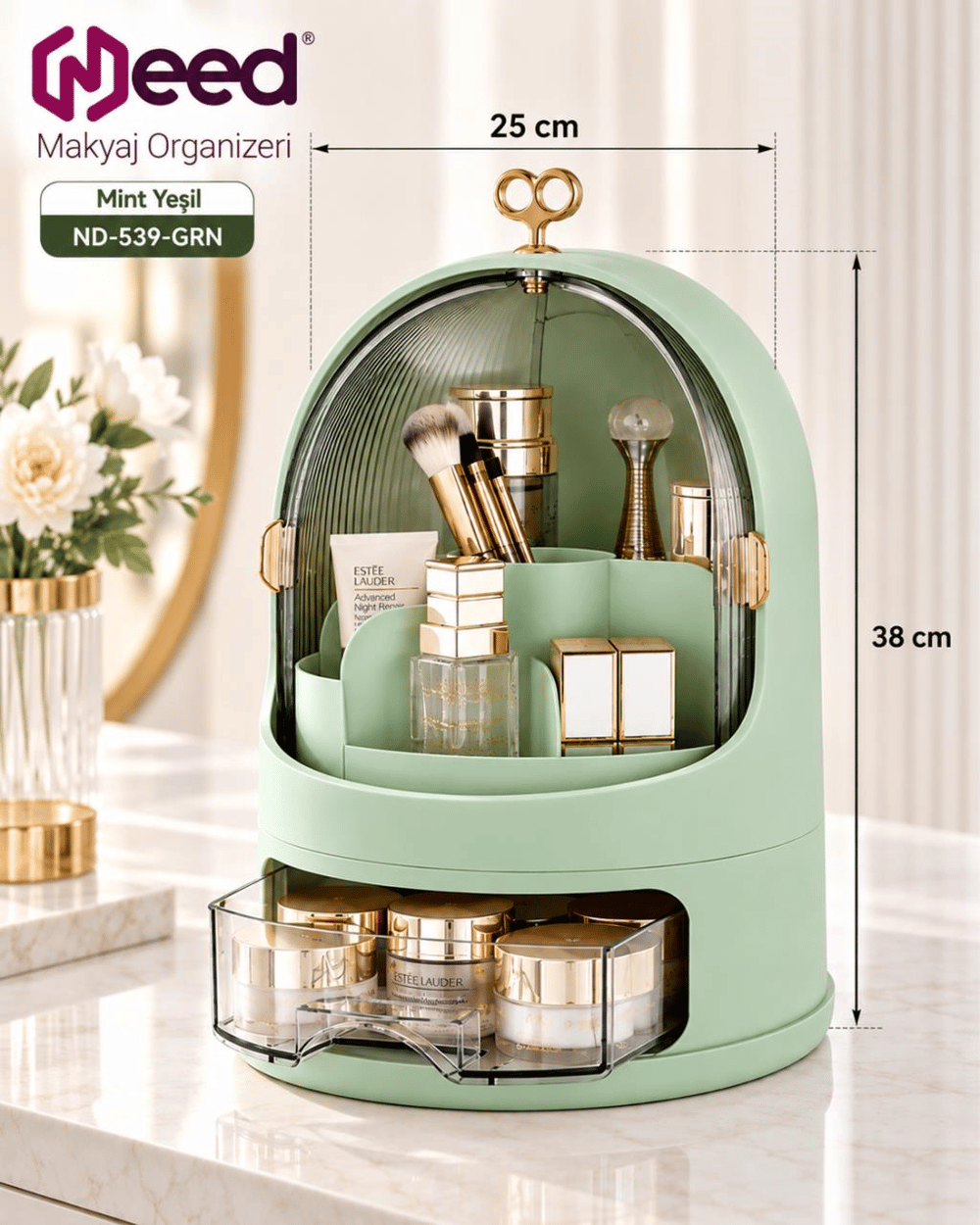 Need Oval Çift Kapaklı Çekmeceli Makyaj ve Kozmetik Organizeri – Mint Yeşil – ND-539-GRN
