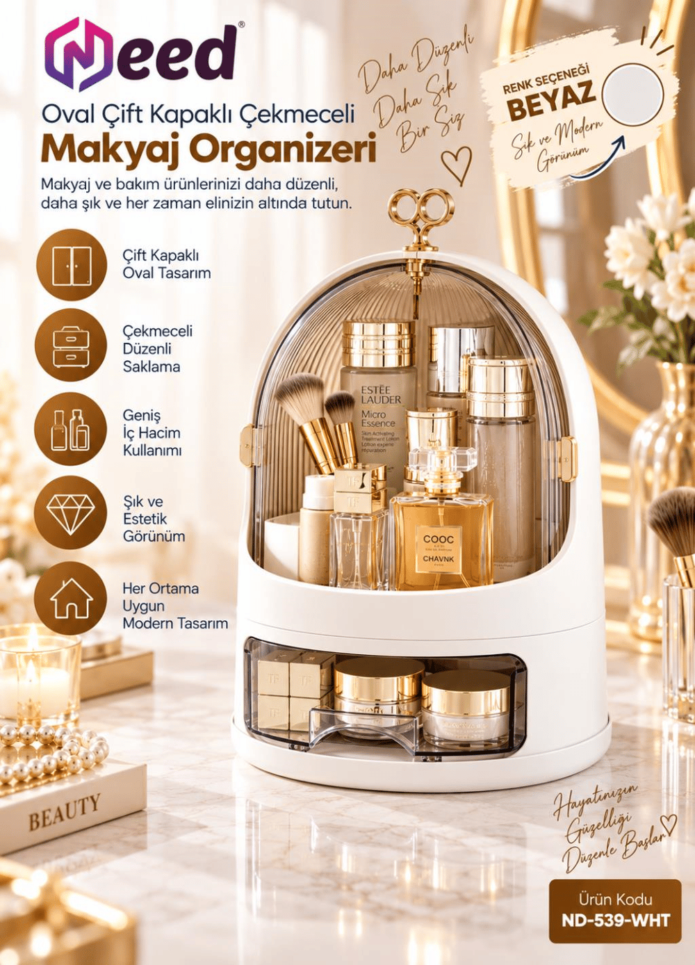 Need Oval Çift Kapaklı Çekmeceli Makyaj ve Kozmetik Organizeri – Beyaz – ND-539-WHT