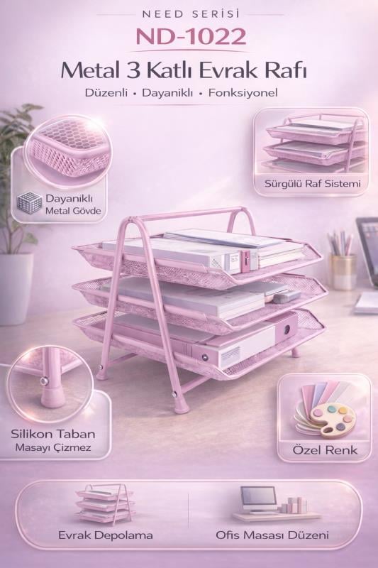 Need Perfore 3 Katlı Toz Pembe Evrak Rafı - ND-1022