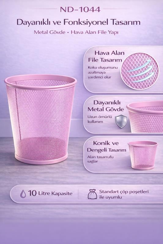 Need Tam Delikli Metal Fileli Toz Pembe Çöp Kovası - ND-1044