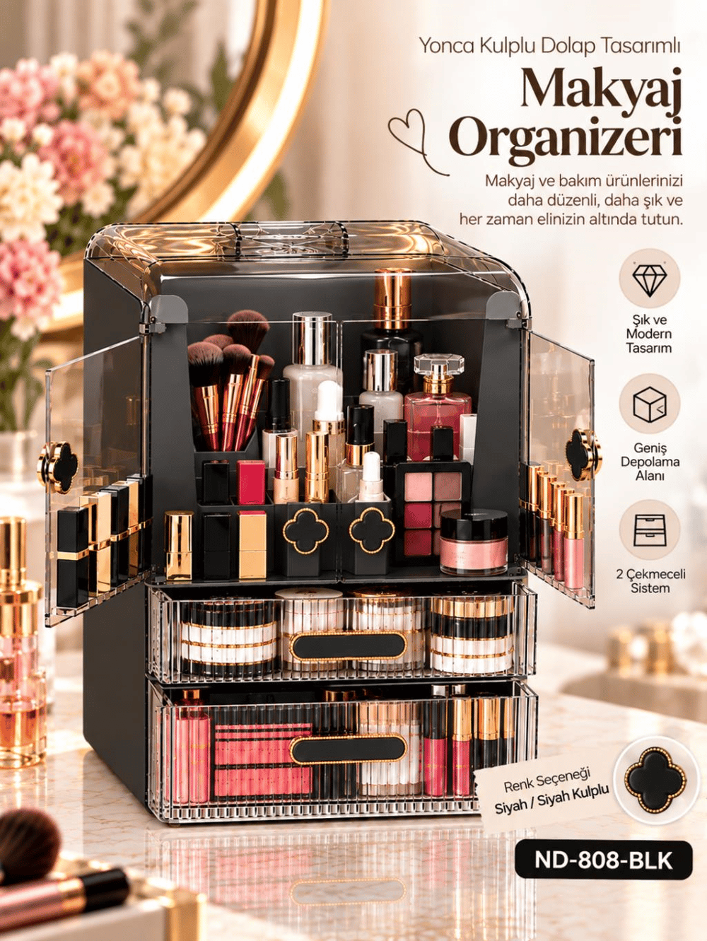 Need Yonca Kulplu Dolap Tasarımlı Çekmeceli Makyaj ve Kozmetik Organizeri – Siyah / Siyah Kulp – ND-808-BLK
