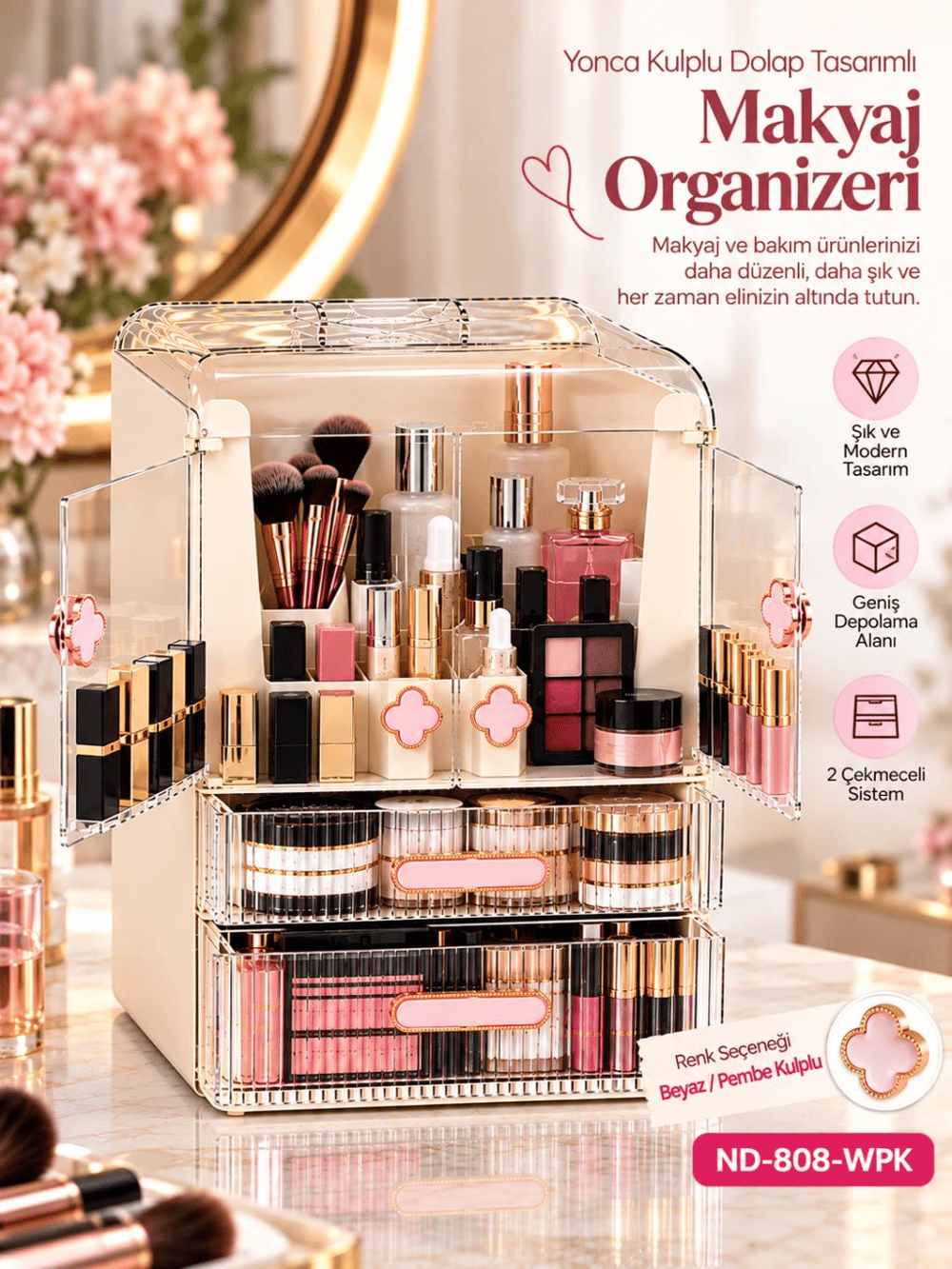 Need Yonca Kulplu Dolap Tasarımlı Çekmeceli Makyaj ve Kozmetik Organizeri – Beyaz / Pembe Kulp – ND-808-WPK