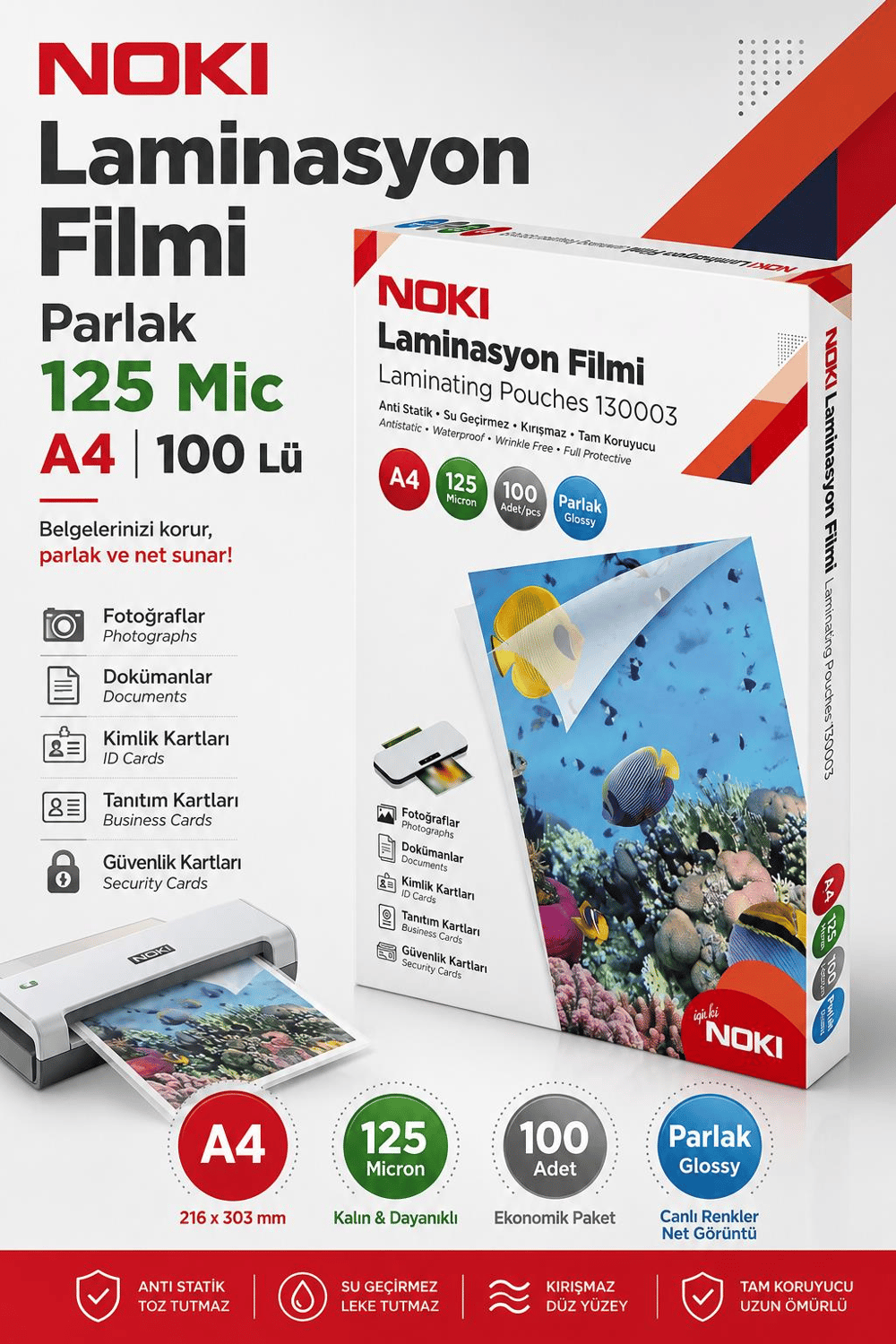 Noki A4 Laminasyon Filmi 125 Mikron 100lü Paket 